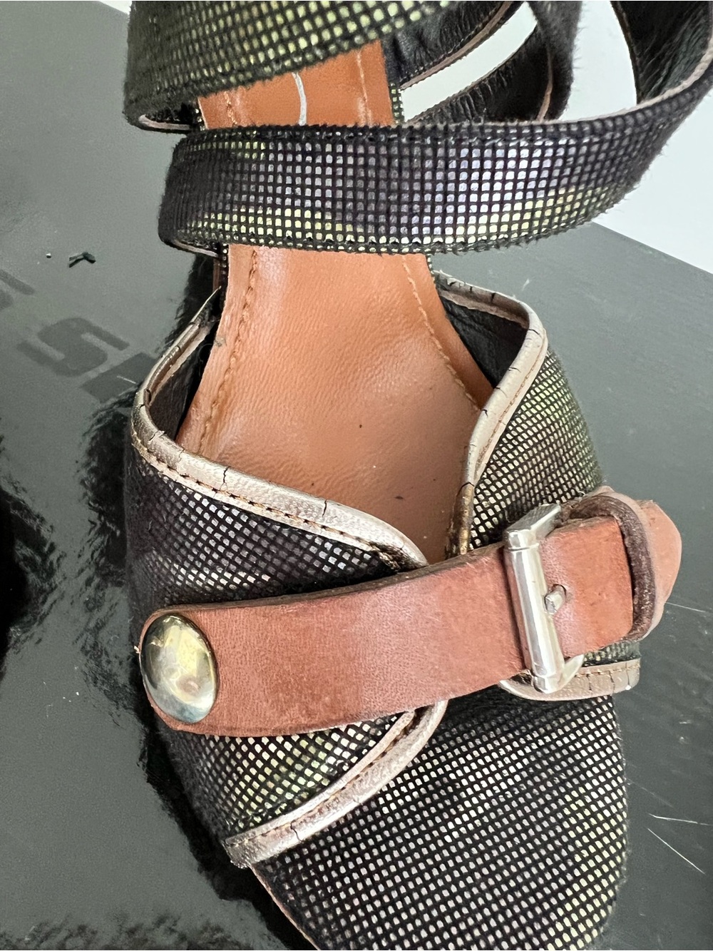 Miss Sixty Iridescent Black Strappy High Heel Sandals with Brown Accents - Picture 13 of 16
